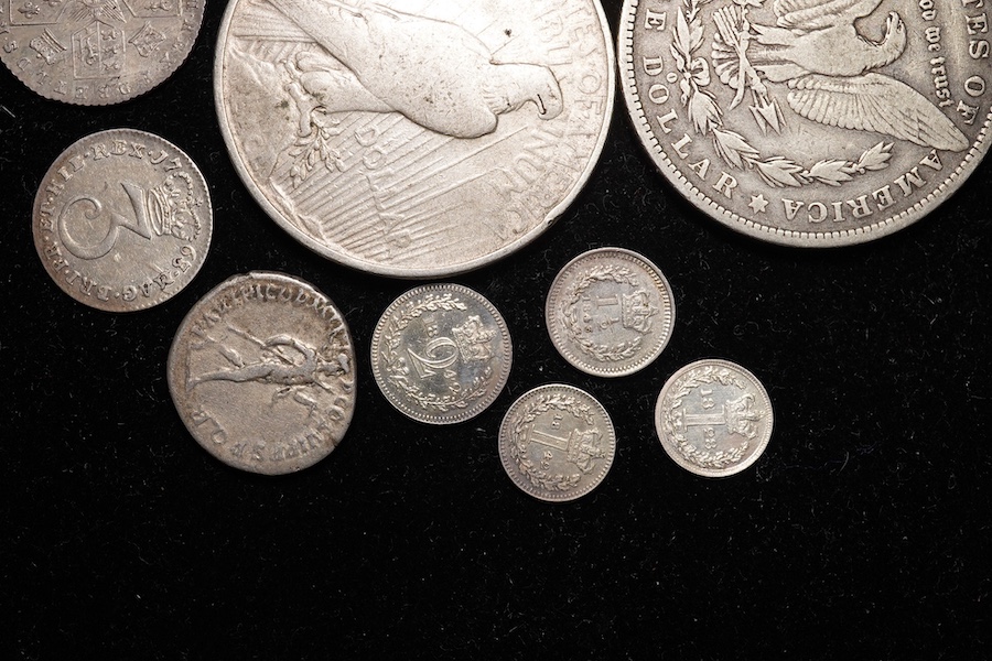 British and world silver coins, to include George IV shilling 1825, VF, George III sixpence 1787, EF, William IV halfcrown 1836, VF, George III to Victoria Maundy money; 1763 3d, 1842 2d and 1d, 1828 1d, 1845 1 1/2d toge